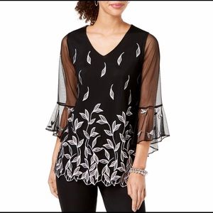ALFANI NEW Women's Black Embroidered Mesh Bell Sleeve Blouse Shirt Top PS